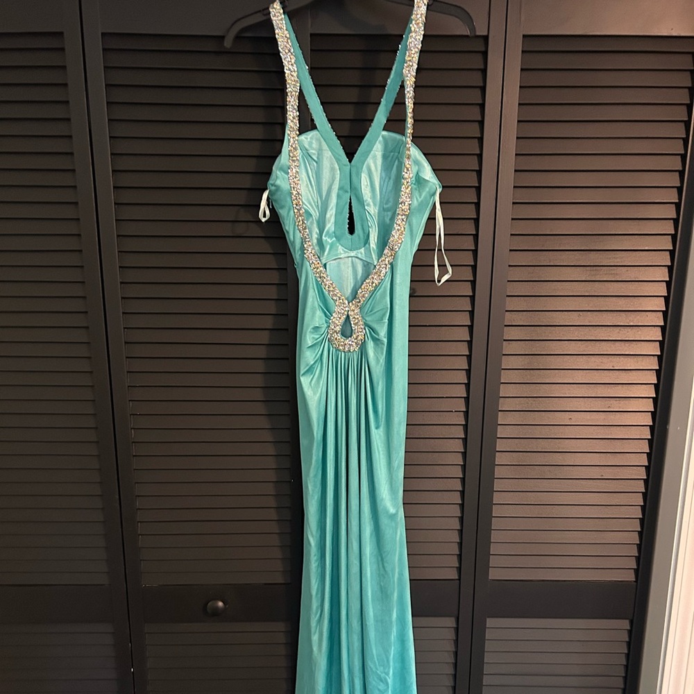 Aqua blue, sequin, backless, prom dress